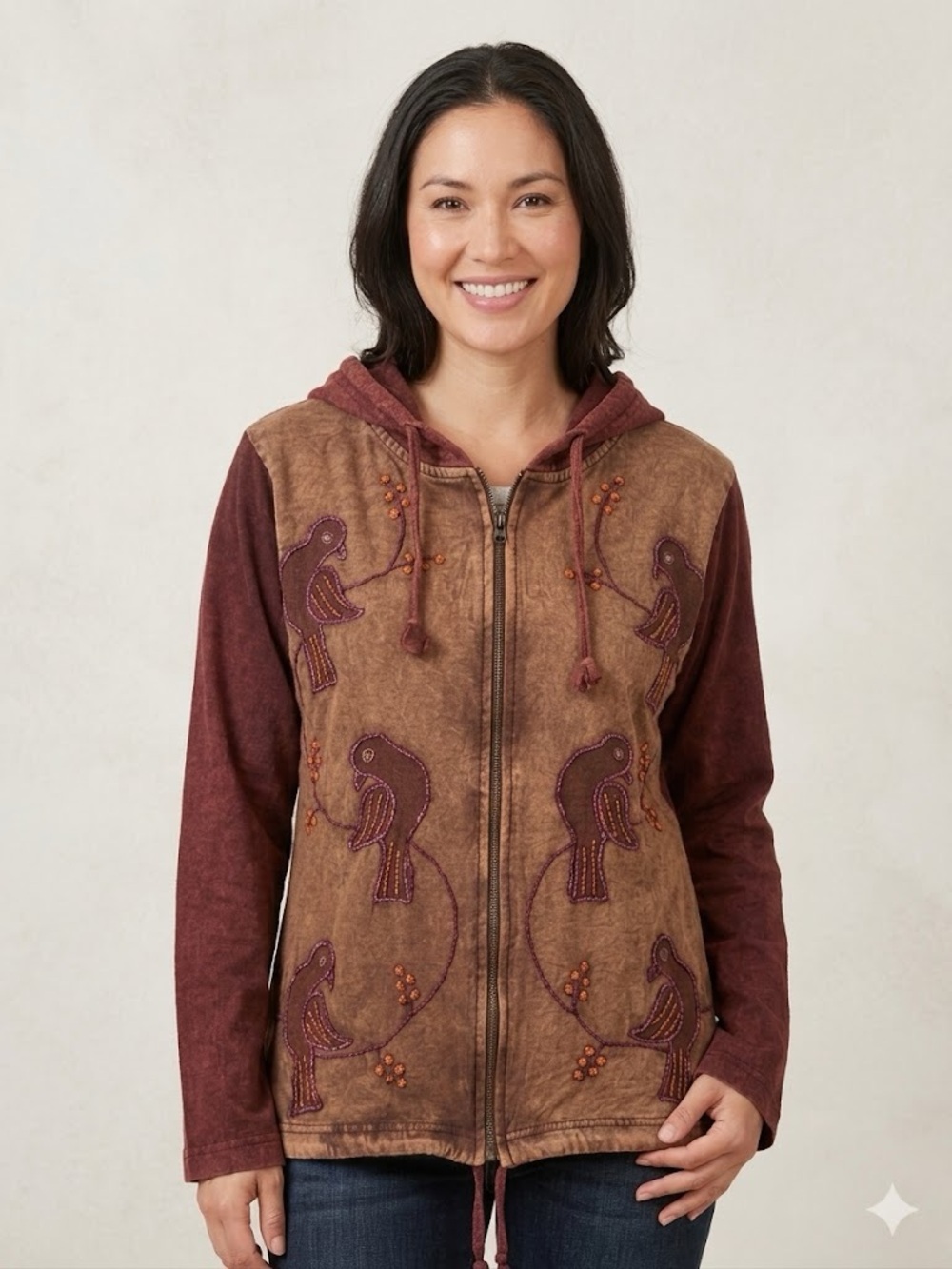 ✨Kathmandu Imports Embroidered Bird Zip Hoodie in Brown 100% cotton
